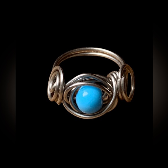 Nested Wire Wrapped Turquoise Blue Bead Ring Artesian Made Woman’s Jewelry - Picture 3 of 5